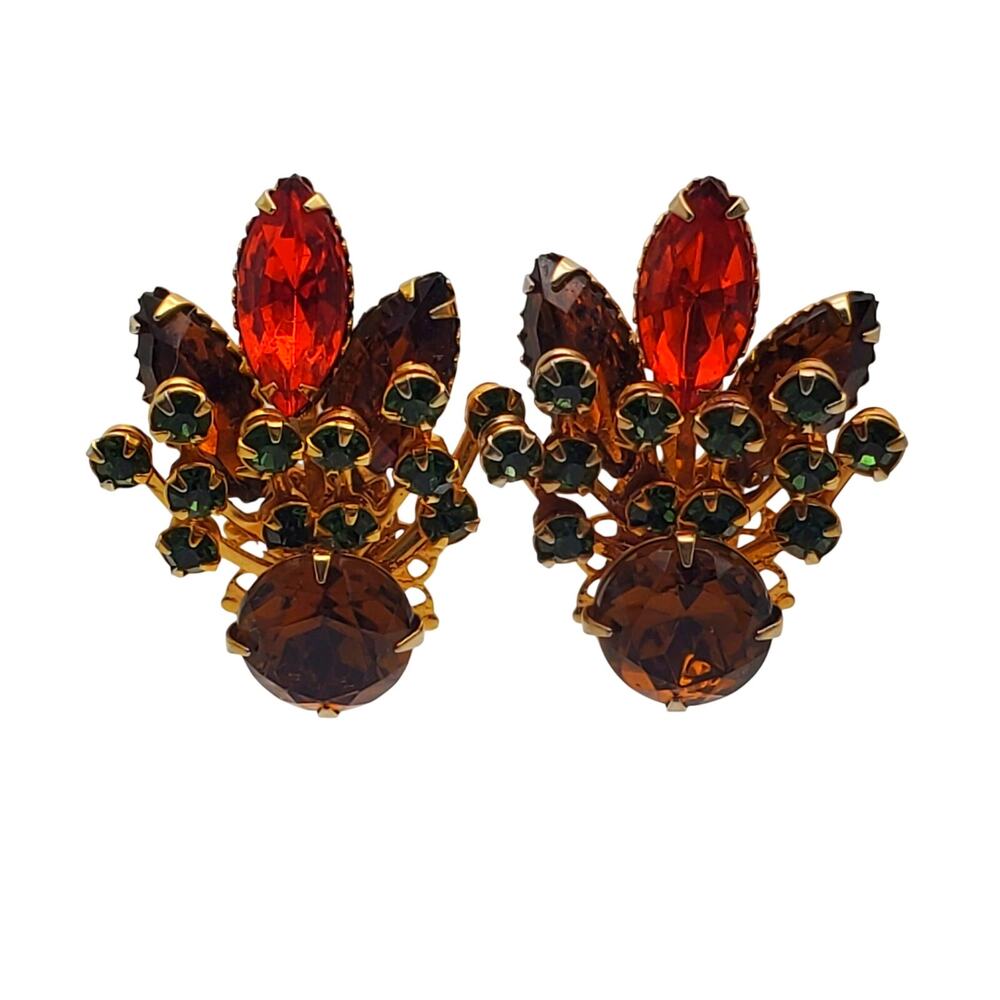 Autumn Rhinestone Clip Earrings Orange Green Topaz Floral Spray Harvest Fall Vtg - Picture 7 of 8